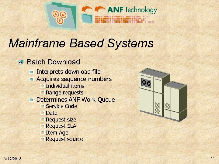 Mainframe Based Systems Batch Download Interprets download file Acquires sequence numbers Individual items Range
