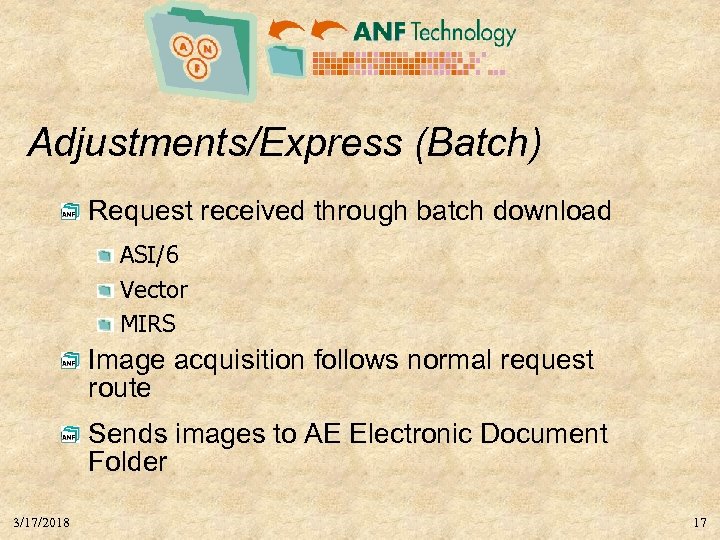 Adjustments/Express (Batch) Request received through batch download ASI/6 Vector MIRS Image acquisition follows normal