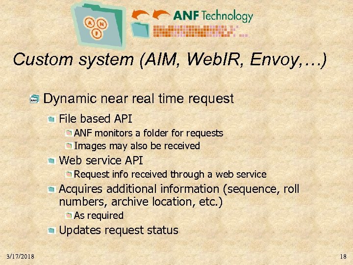 Custom system (AIM, Web. IR, Envoy, …) Dynamic near real time request File based