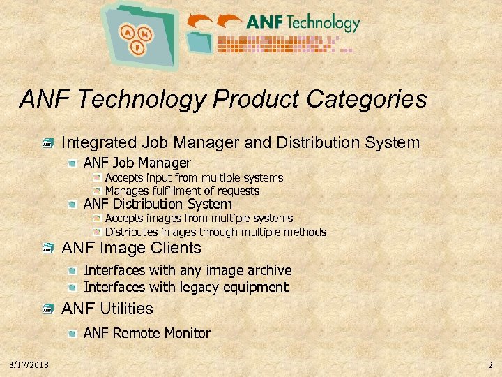 ANF Technology Product Categories Integrated Job Manager and Distribution System ANF Job Manager Accepts