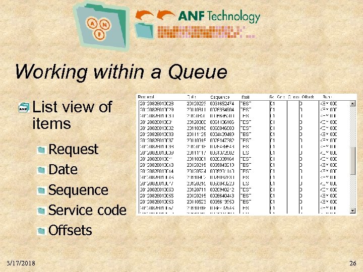 Working within a Queue List view of items Request Date Sequence Service code Offsets