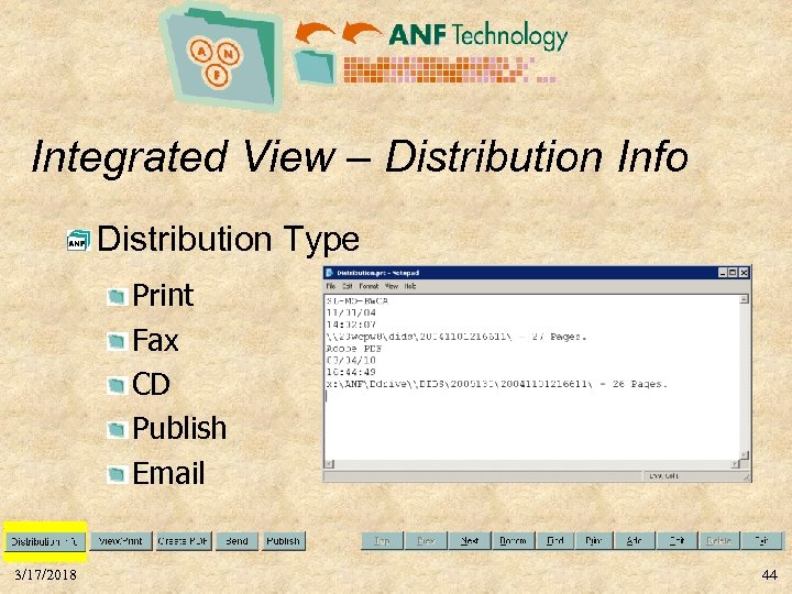 Integrated View – Distribution Info Distribution Type Print Fax CD Publish Email 3/17/2018 44