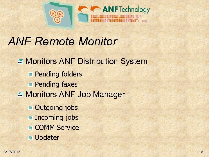 ANF Remote Monitors ANF Distribution System Pending folders Pending faxes Monitors ANF Job Manager