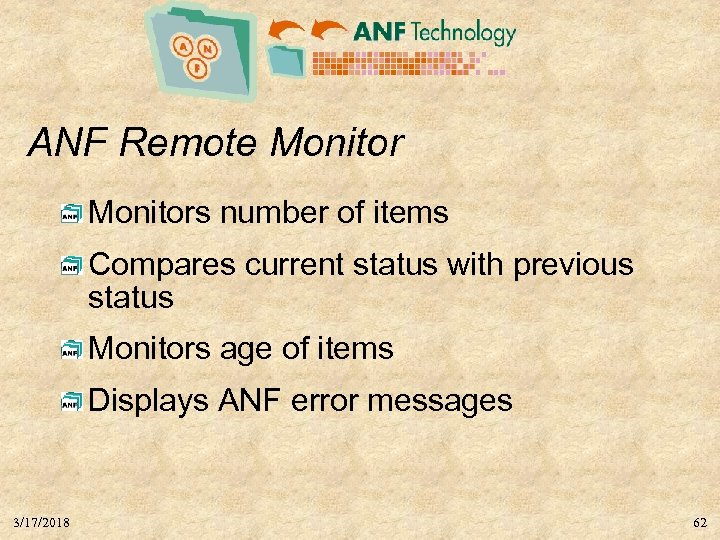 ANF Remote Monitors number of items Compares current status with previous status Monitors age