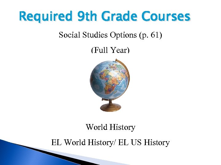 Required 9 th Grade Courses Social Studies Options (p. 61) (Full Year) World History