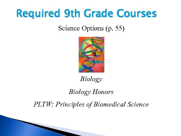 Required 9 th Grade Courses Science Options (p. 55) Biology Honors PLTW: Principles of