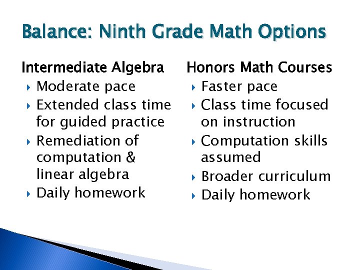 Balance: Ninth Grade Math Options Intermediate Algebra Moderate pace Extended class time for guided