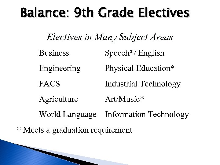Balance: 9 th Grade Electives in Many Subject Areas Business Speech*/ English Engineering Physical