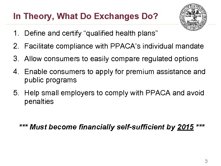 In Theory, What Do Exchanges Do? 1. Define and certify “qualified health plans” 2.