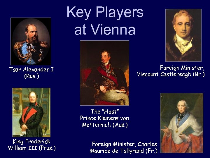 Key Players at Vienna Foreign Minister, Viscount Castlereagh (Br. ) Tsar Alexander I (Rus.