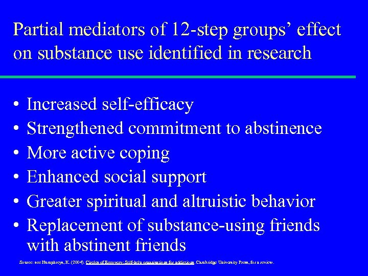 Partial mediators of 12 -step groups’ effect on substance use identified in research •