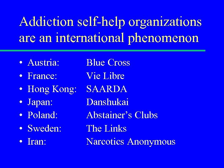 Addiction self-help organizations are an international phenomenon • • Austria: France: Hong Kong: Japan: