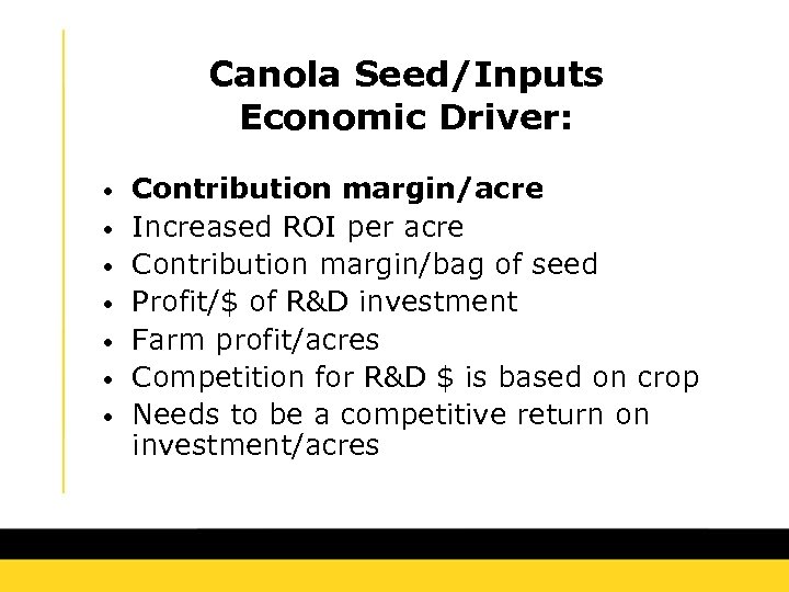 Canola Seed/Inputs Economic Driver: • • Contribution margin/acre Increased ROI per acre Contribution margin/bag