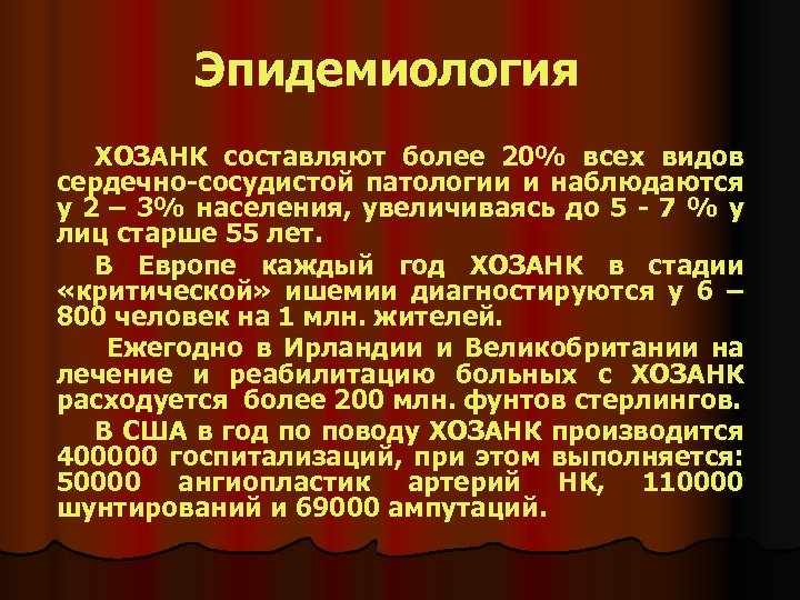 Эпидемиология ХОЗАНК составляют более 20% всех видов сердечно-сосудистой патологии и наблюдаются у 2 –