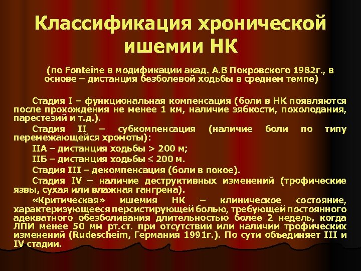 Классификация хронической ишемии НК (по Fonteinе в модификации акад. А. В Покровского 1982 г.