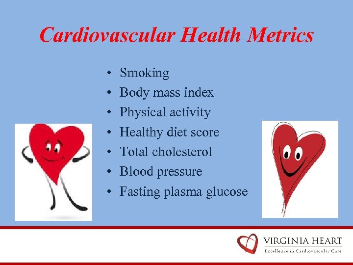 Cardiovascular Health Metrics • • Smoking Body mass index Physical activity Healthy diet score