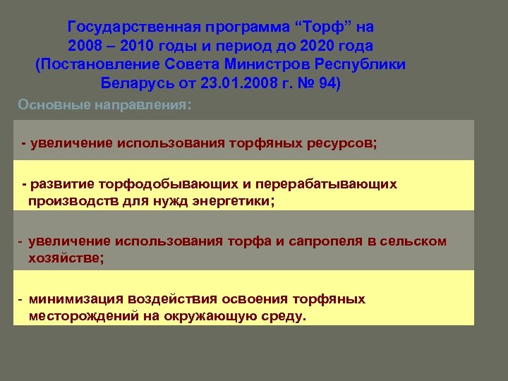 Государственная программа “Торф” на 2008 – 2010 годы и период до 2020 года (Постановление