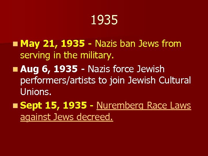 1935 n May 21, 1935 - Nazis ban Jews from serving in the military.