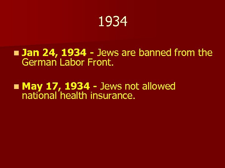 1934 n Jan 24, 1934 - Jews are banned from the German Labor Front.
