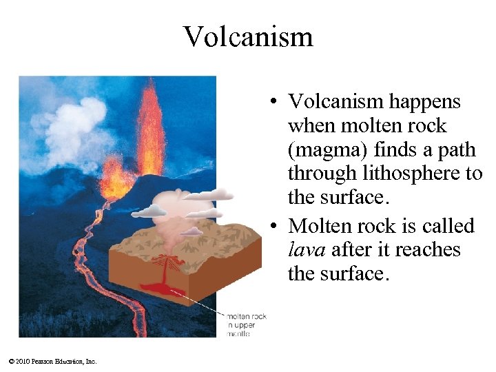 Volcanism • Volcanism happens when molten rock (magma) finds a path through lithosphere to