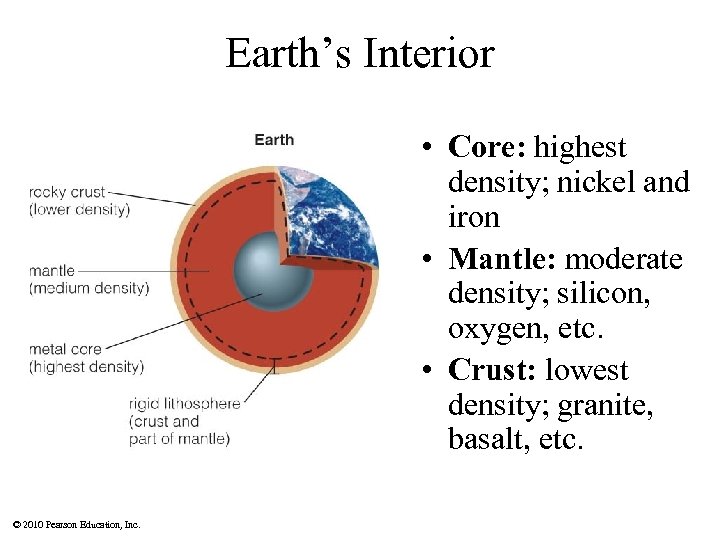 Earth’s Interior • Core: highest density; nickel and iron • Mantle: moderate density; silicon,