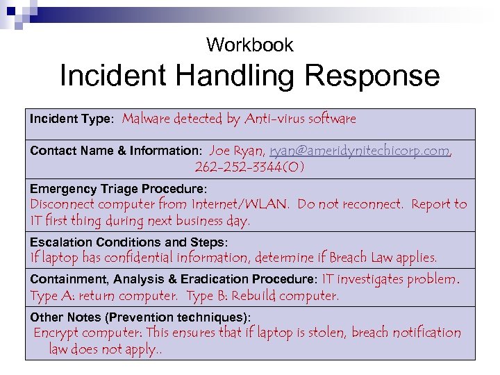 Workbook Incident Handling Response Incident Type: Malware detected by Anti-virus software Contact Name &