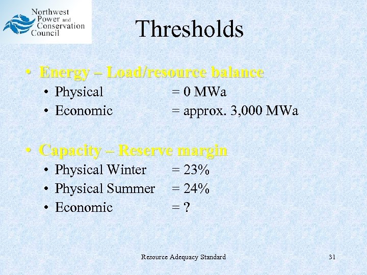 Thresholds • Energy – Load/resource balance • Physical • Economic = 0 MWa =