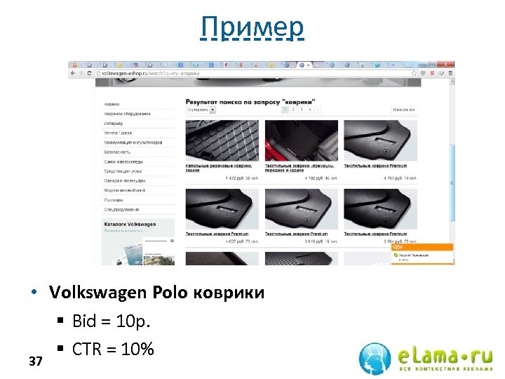 Пример • Volkswagen Polo коврики § Bid = 10 р. § СTR = 10%