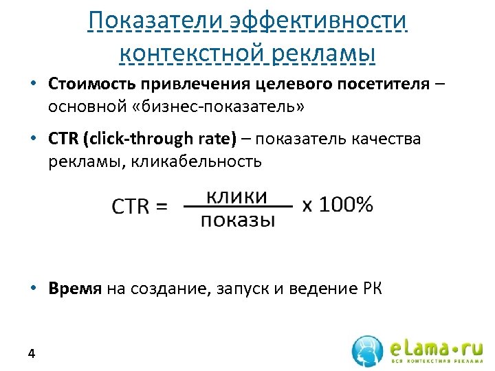 Показатели эффективности контекстной рекламы • Стоимость привлечения целевого посетителя – основной «бизнес-показатель» • CTR