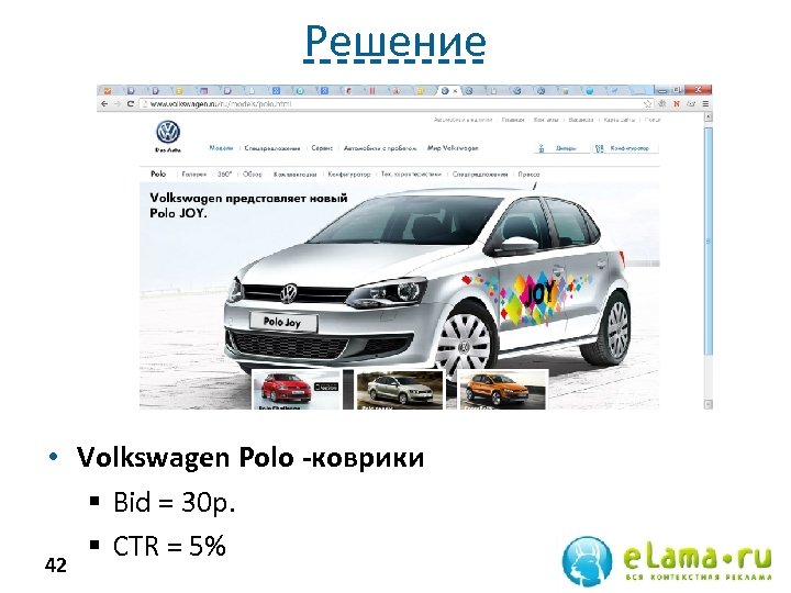 Решение • Volkswagen Polo -коврики § Bid = 30 р. § СTR = 5%