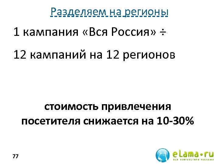 Разделяем на регионы 1 кампания «Вся Россия» ÷ 12 кампаний на 12 регионов стоимость