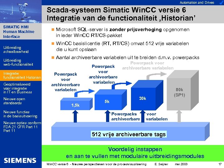 Automation and Drives Scada-systeem Simatic Win. CC versie 6 Integratie van de functionaliteit ‚Historian’