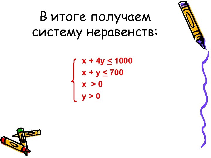 В итоге получаем систему неравенств: х + 4 у < 1000 х + у