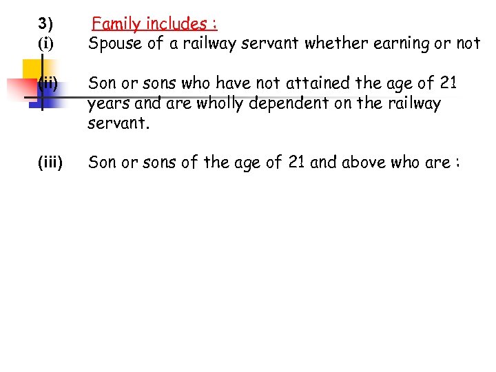 3) Family includes : (i) Spouse of a railway servant whether earning or not