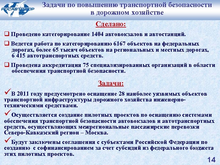Задачи по повышению транспортной безопасности в дорожном хозяйстве Сделано: q Проведено категорирование 1404 автовокзалов