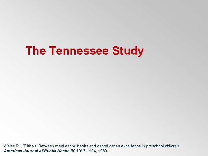 The Tennessee Study Weiss RL, Trithart. Between meal eating habits and dental caries experience