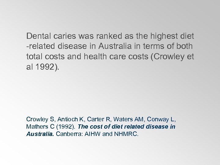 Dental caries was ranked as the highest diet -related disease in Australia in terms