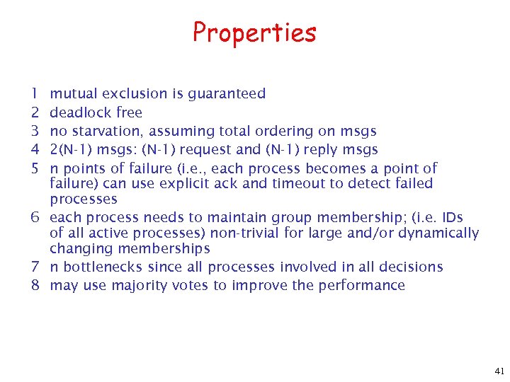 Properties 1 2 3 4 5 mutual exclusion is guaranteed deadlock free no starvation,