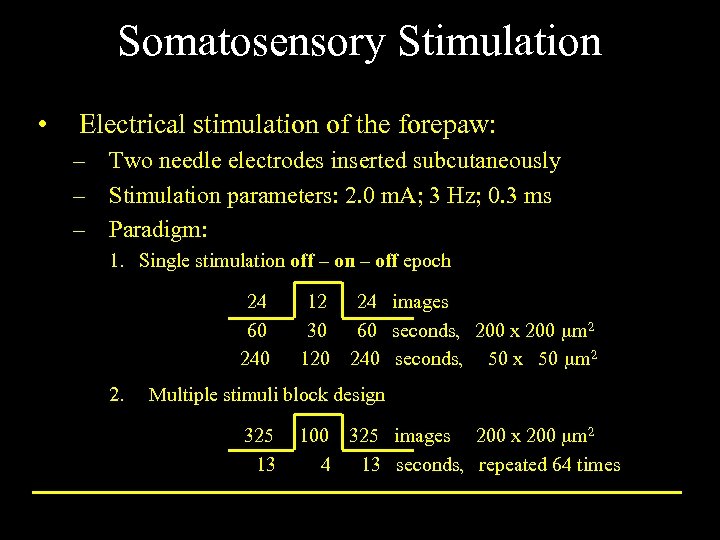 Somatosensory Stimulation • Electrical stimulation of the forepaw: – Two needle electrodes inserted subcutaneously