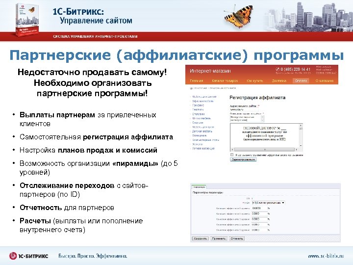 Партнерские (аффилиатские) программы Недостаточно продавать самому! Необходимо организовать партнерские программы! • Выплаты партнерам за