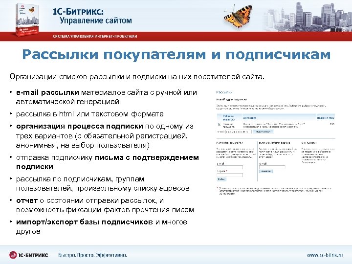 Рассылки покупателям и подписчикам Организации списков рассылки и подписки на них посетителей сайта. •