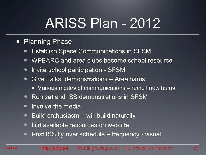 ARISS Plan - 2012 Planning Phase Establish Space Communications in SFSM WPBARC and area