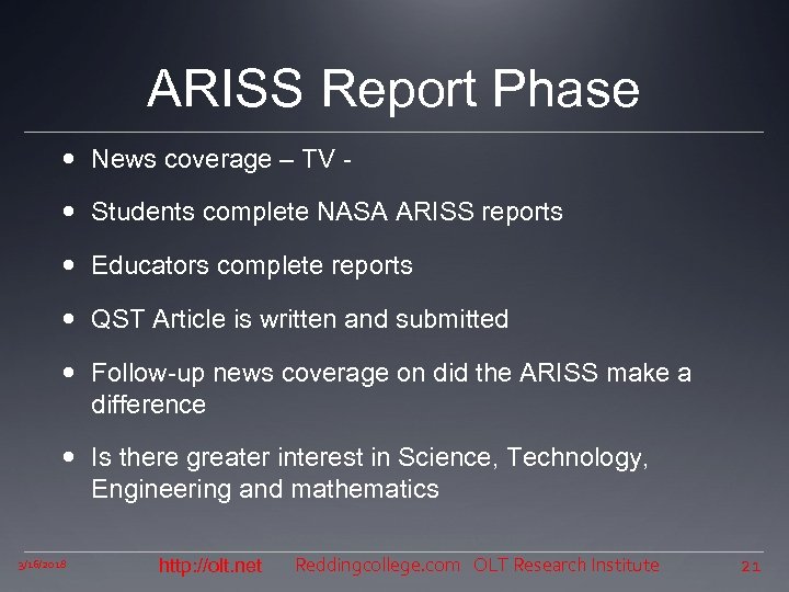 ARISS Report Phase News coverage – TV Students complete NASA ARISS reports Educators complete
