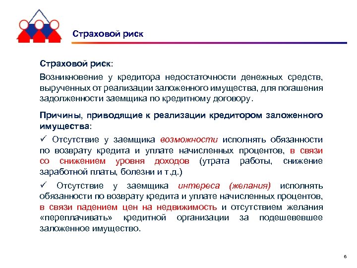 Страховой риск: Возникновение у кредитора недостаточности денежных средств, вырученных от реализации заложенного имущества, для