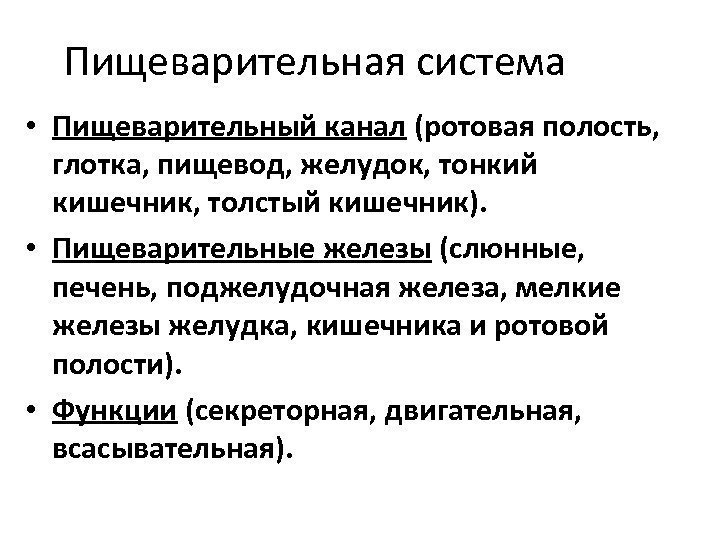 Пищеварительная система • Пищеварительный канал (ротовая полость, глотка, пищевод, желудок, тонкий кишечник, толстый кишечник).