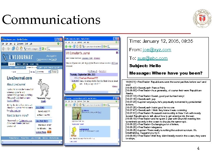 Communications Time: January 12, 2005, 09: 35 From: joe@xyz. com To: sue@abc. com Subject: