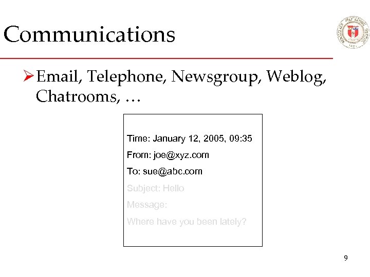 Communications Ø Email, Telephone, Newsgroup, Weblog, Chatrooms, … Time: January 12, 2005, 09: 35