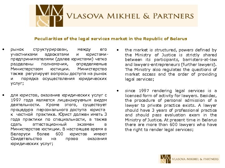 Peculiarities of the legal services market in the Republic of Belarus • рынок структурирован,