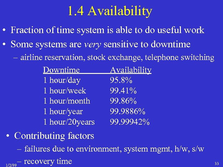 1. 4 Availability • Fraction of time system is able to do useful work