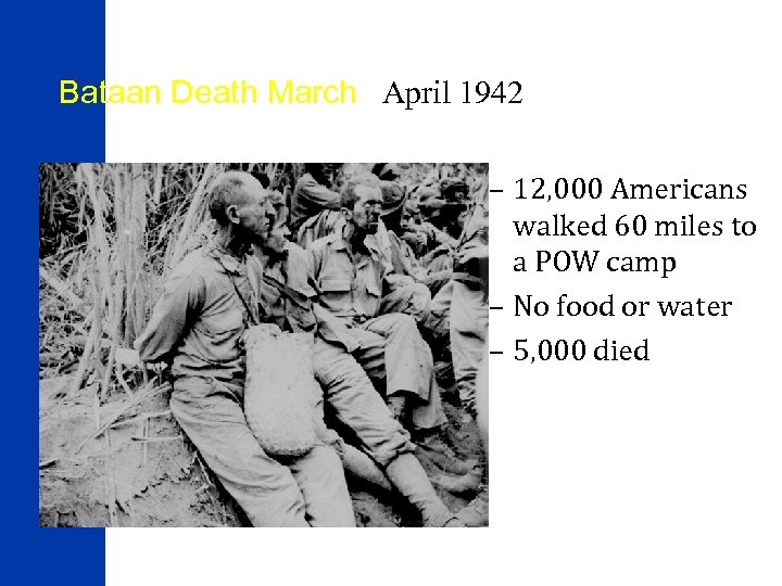 Bataan Death March April 1942 – 12, 000 Americans walked 60 miles to a